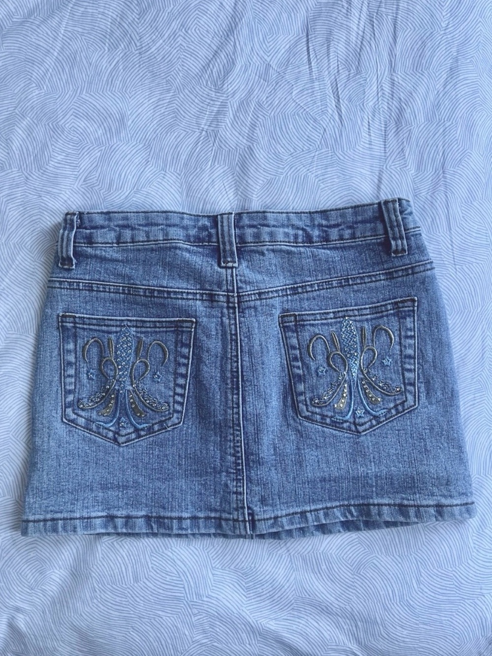 y2k denim mini skirt with embroidery, rhinestones, light blue